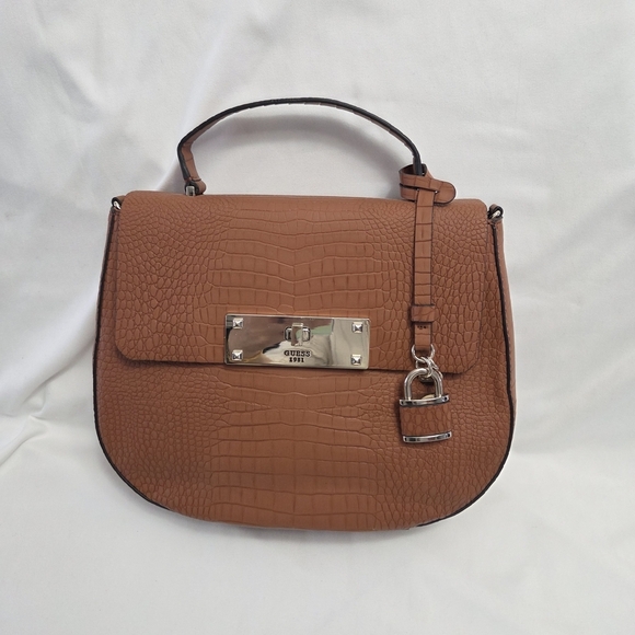 Guess Handbags - Guess Croc Embossed Brown Satchel